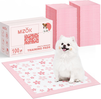 MIZOK Puppy Pads 22"x 22" with Leak-Proof Quick-Dry Design Pee Pads for Dogs Potty Training, 6-Layer Standard Absorbency Dog Pee Pads Regular Size, Pink Cherry Blossom Pattern (100 Counts)