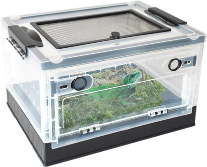 PINVNBY Plastic Reptile Feeding Box with Wheels,Reptiles Breeding Enclosure Cages Transparent Amphibians Habitat Terrarium Tank Portable Transport Container for Lizard,Bearded Dragon(Black)