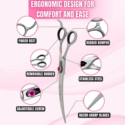 Kenchii Love Left Handed Dog Grooming Scissors, 8 Inch Curved Shears, Dog Scissors for Grooming, Professional Pet Grooming Scissors, Ergonomic & Comfortable