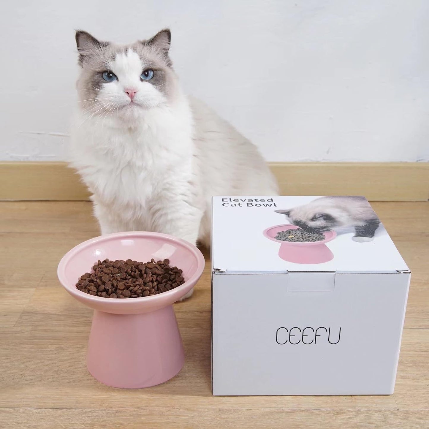 Extra Wide Elevated Ceramic Cat Food Bowl - 6.2" Shallow Dish for Whisker Fatigue Relief, 5" Height for Easy Feeding, Lead & Cadmium Free, Durable Raised Cat Food Bowls, Pink