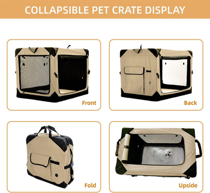 Pettycare 36 Inch Collapsible Dog Crate for Large Dogs, 4-Door Foldable Soft Dog Kennel with Chew Proof Mesh Windows, Indoor & Outdoor Travel Dog Crate, Beige