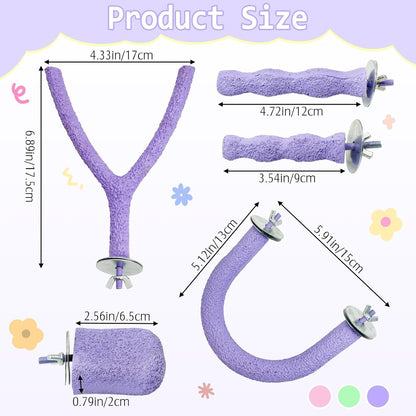 PINVNBY 5 Pack Bird Perch Resin Bird Beak Grinding Stone Parrot Cage Perch Stand Platform Foot Claws Trimmer Chew Toy Bird Cage Accessories for Budgie Cockatiel Conure Lovebird Finch (Purple)
