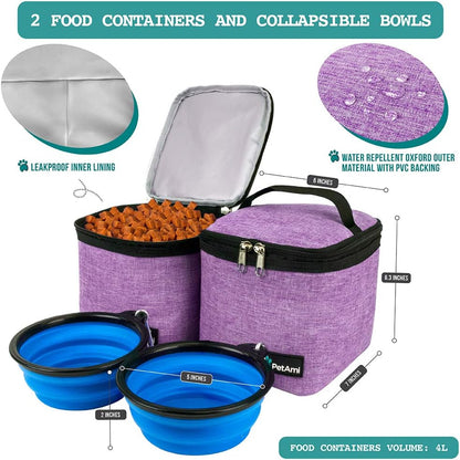 PetAmi Dog Travel Bag Backpack, Airline Approved Dog Bags for Traveling, Puppy Diaper Bag Supplies, Pet Camping Essentials Hiking Accessories Dog Mom Gift, Food Container, Collapsible Bowls, Purple