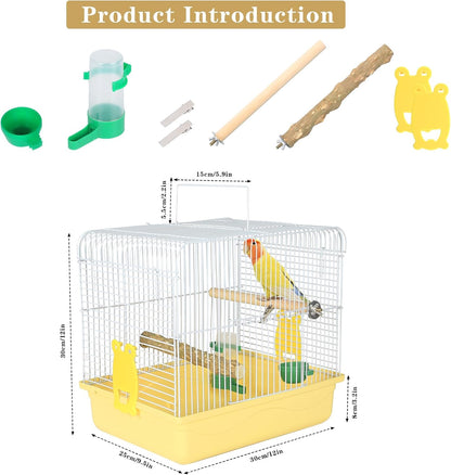 Small Bird Cage, Lightweight for Parakeets, Hanging for Parrot, Travel for Cockatiel, Outdoor Budgie, Pet Products Flat Top Economy Small Animal Cage with Stand Accessories with White Wire, Yellow