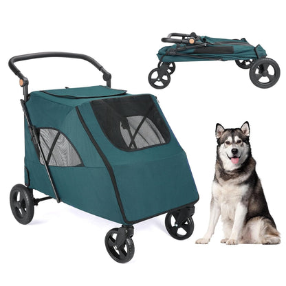 Large Dog Travel Stroller with 4 Heavy Duty Wheels Pet Stroller with Adjustable Handle - Double Doggie Capacity Jogger Wagon with Back Front Door for Small Medium Large Dogs (Dark Green-C)