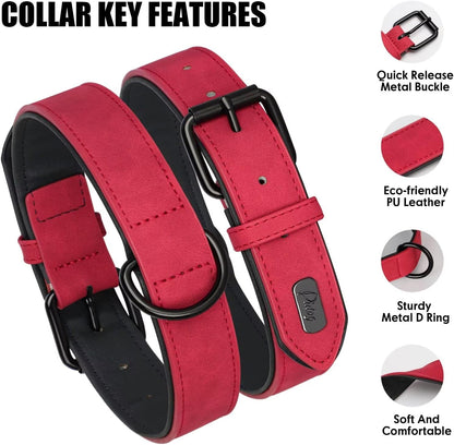 Didog Soft Padded PU Leather Dog Collar, Breathable and Adjustable Red Dog Collars for Medium Dogs, Comfortable for Daily Walk, Red, L Fit Neck 13-17"(22-44 lbs)
