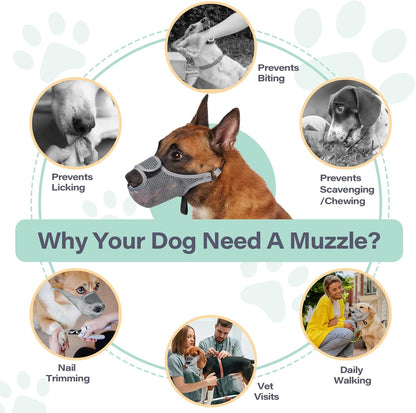 LUCKYPAW Dog Muzzle for Large Medium Small Dogs, Patented Mesh Muzzle to Prevent Biting Chewing Eating, Soft Mouth Guard with Front Opening Design for Drinking Panting(Grey, S)