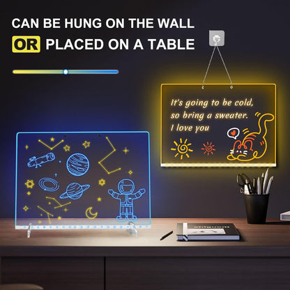 LED Note Board with Highlighters 2 Sets,Doodle Glow Drawing Board,13.7"X10" 6 Modes & 8 Colors, Led Drawing Board for Kids,Gift for Kids Ages 3+,Led Writing Board for Home/Office/Decor