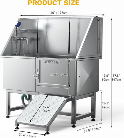 DWVO Professional Pet Dog Bathing Station for Grooming, 50'' Dog Grooming Bathtub with Right Ramp, Floor Grate, Faucet, Showerhead & Soap Holder for Large, Medium & Small Pets