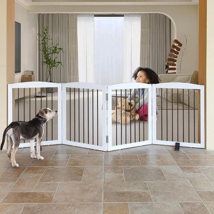 ZJSF Freestanding Panel Dog Gate for Indoor, Doorways,Stairs, or Hallways,Foldable Wooden White Pet Gates for House,Pet Gate for Dogs,Dog Fence, Puppy Gate,Support Feet Included,24 "Height-4 Panels