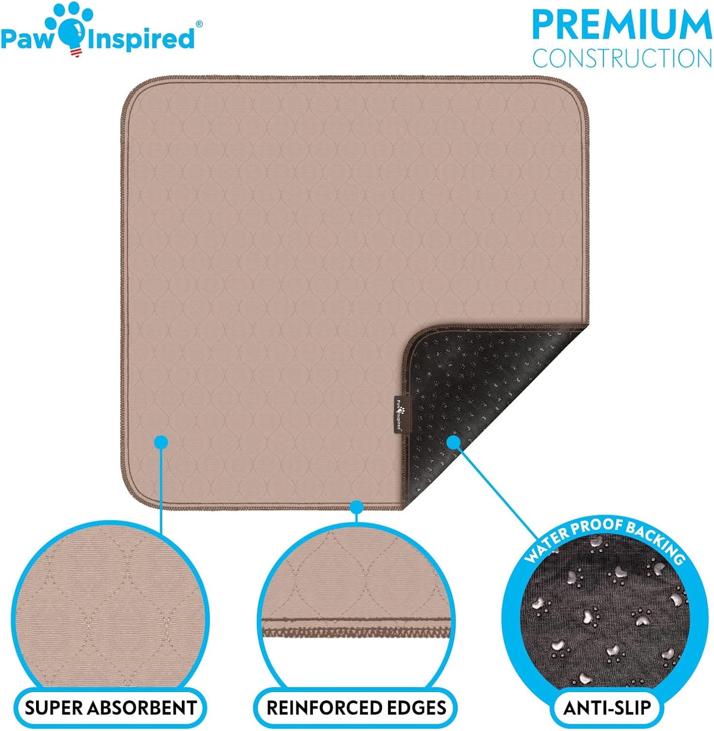 Paw Inspired Washable Pee Pads for Dogs (2 Pack), Leakproof, Non-Slip Reusable Puppy Pads for Potty Training, Whelping, Waterproof Mat (32x30 Inch, Pack of 2)