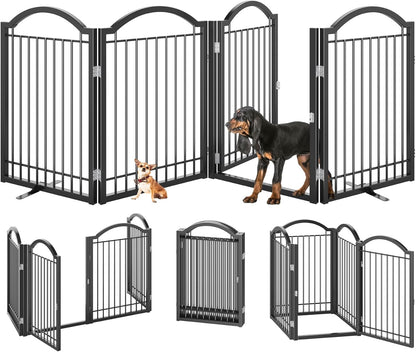 BHG Metal No-Assembly Freestanding Dog Gate with Door Walk Through, Extra Wide 96", Extra Tall 32" Pet Gate, Accordion Puppy Folding Playpen Dog Fence, with 2PCS Support (Black, 4 Panels)