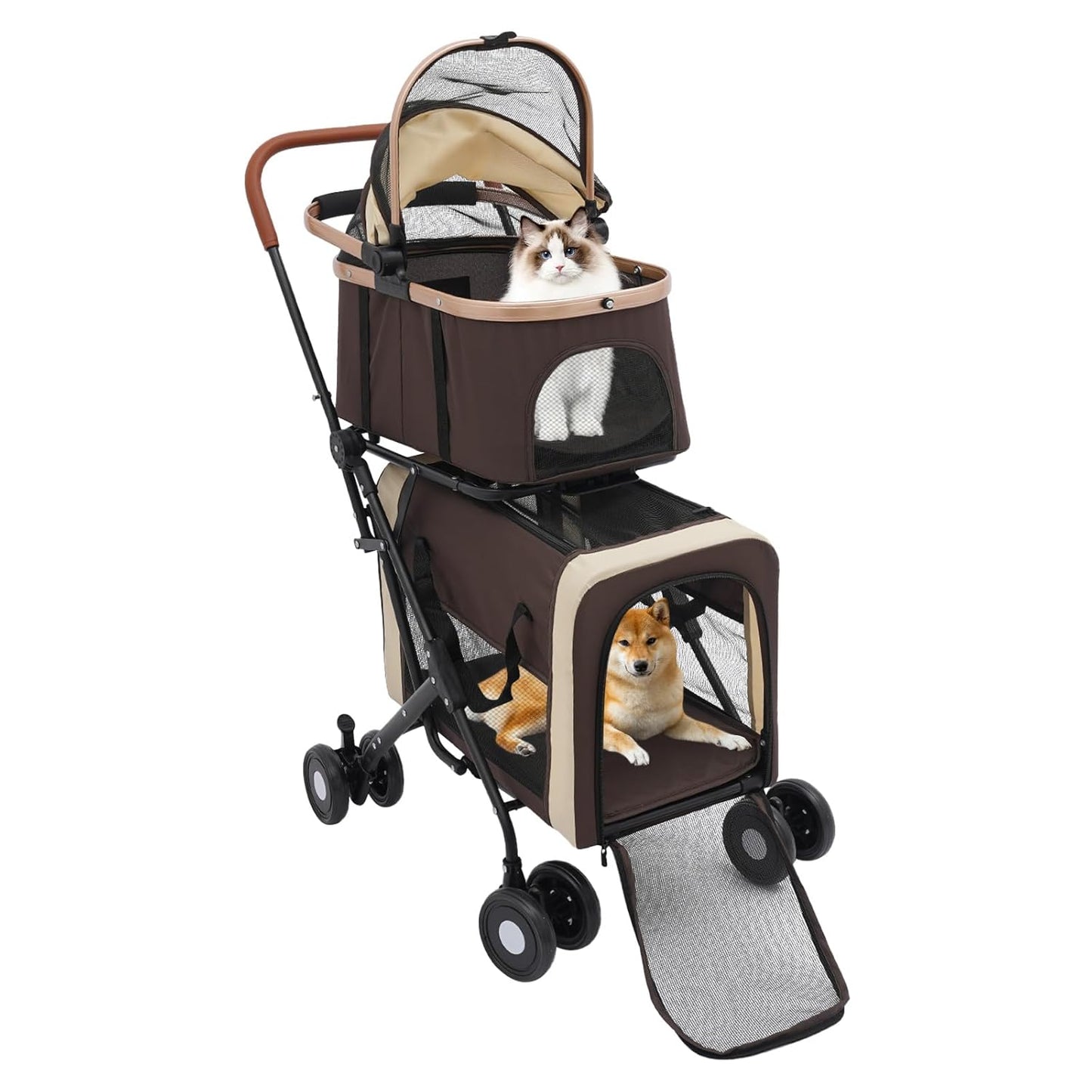 Foldable Pet Stroller for Small & Medium Dogs, Double Dog & Cat Stroller with 3-in-1 Travel System, Detachable Pet Carrier with Wheels for Cats and Dogs up to 77 lbs, Coffee Color