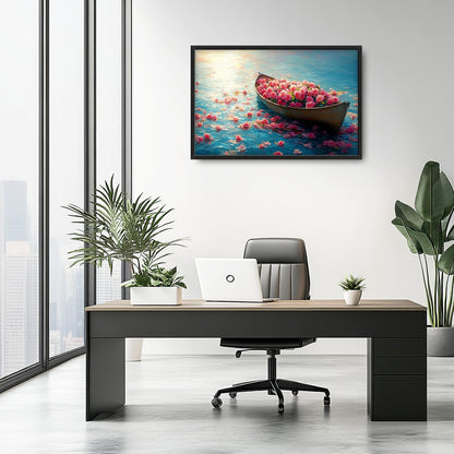 Large Lake Floral Landscape Wall Art for Living Room, Nature Boat Flower Canvas Oversized Wall Decor, Rose Scenery Framed Pictures Painting Print Artwork for Bedroom Office 36L" x 24W"