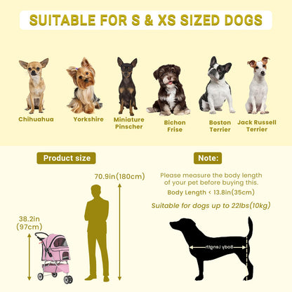 3-Wheels Pet Strolling Cart for Small Medium Dogs and Cats with Storage Basket,Holder, Foldable Pet Stroller with Waterproof Cover, Breathable Mesh for All-Season, Pink