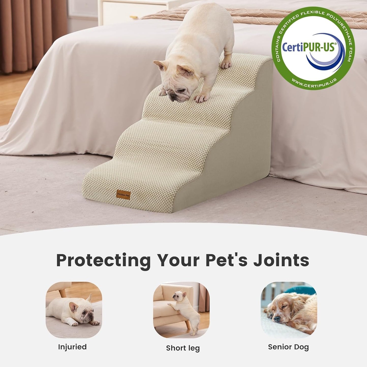 Gardner Pet Dog Stairs for Small Dogs 19.7" H, 4-Step Beige Curved Pet Stairs, Dog Steps for High Bed (18-24 in), Couch with Durable Non-Slip Waterproof Fabric Cover and CertiPUR-US Certified Foam