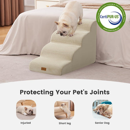 Gardner Pet Dog Stairs for Small Dogs 19.7" H, 4-Step Beige Curved Pet Stairs, Dog Steps for High Bed (18-24 in), Couch with Durable Non-Slip Waterproof Fabric Cover and CertiPUR-US Certified Foam