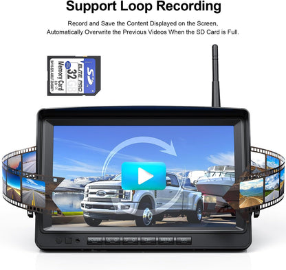 Fookoo 1080P 9" Wireless Backup Camera System, 9" HD Dual/Quad Split Monitor with Recording, IP69 Waterproof Rear View Front View Cameras with Parking Lines, Suits for RV/Truck/Trailer/Van/Bus(DW902)