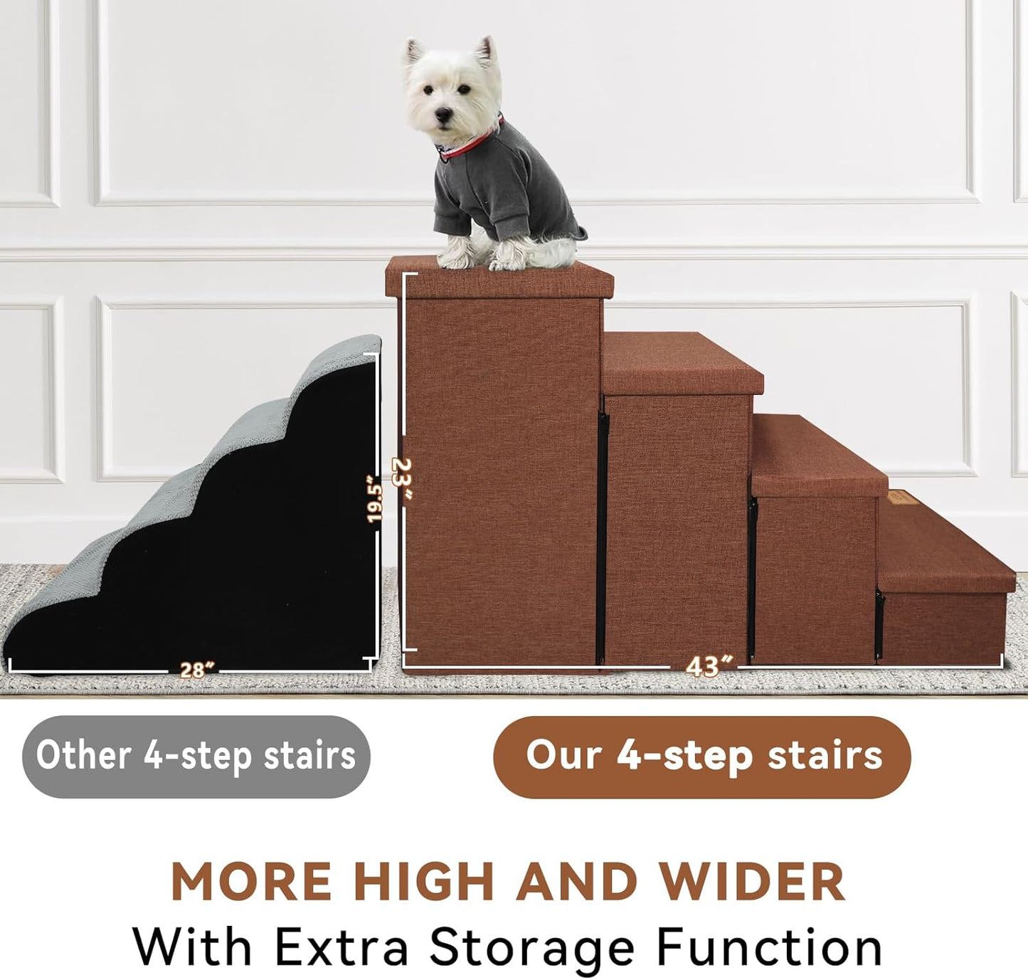 Dog Stairs with Storage 23" H, 4-Step Wider Dog Steps for High Beds Window, Folding Sturdy Pet Stairs Gift for Small/Medium/Large Old Dogs Cats, Ramp for Climbing Car Up to 200 lbs, Brown
