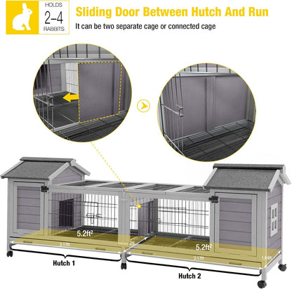 Aivituvin Rabbit Hutch Bunny Cage with Double House and Run Indoor Outdoor Guinea Pig House with Deeper No Leak Trays and Wheels