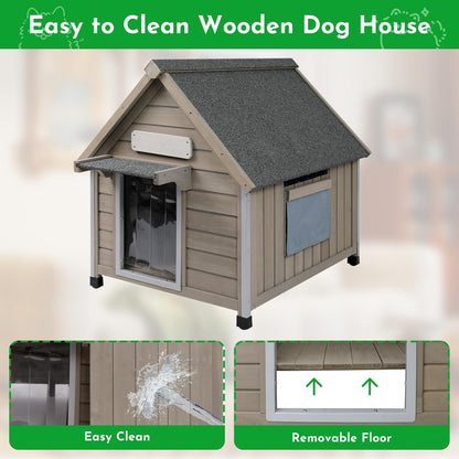 Outdoor Dog House Weatherproof Large Wooden Dog Kennel Indoor for Small Dogs with Chew-Proof Frame, Oxford Fabric Window, Removable Floor Pet Shelter (Grey, 26" D x 31.9" W x 32" H)