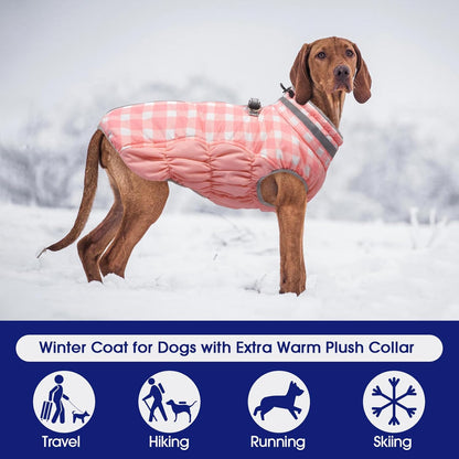 FUAMEY Dog Coat for Large Dogs,Waterproof Dog Winter Jacket with Harness Built in Puppy Cold Weather Coats Reflective Pet Vest with Zipper Warm Fleece Dogs Snowsuit Windproof Pink Plaid 3XL
