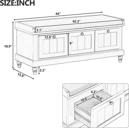 Classic Shoe Storage Bench with Cushion and Three Drawers, Fluted Entryway Bench with Storage for Entryway, Living Room, Hallways 44.0" L x 15.9" W x 18.9" H Antique Navy