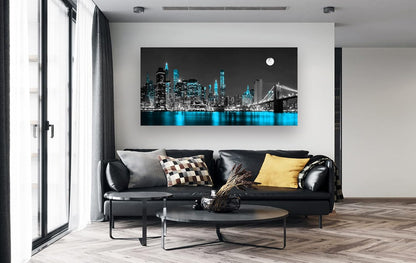 Jiuqinghua Wall Art Decor Canvas Print Picture 1 Panel Black White and Blue New York Brooklyn Bridge Cityscape Night Building Painting for Kitchen Office Home Decor Framed Ready to Hang 20x40inch