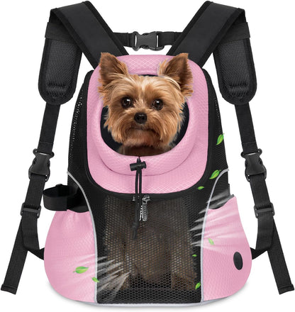WOYYHO Pet Dog Carrier Backpack Small Dog Front Backpack Ventilated Mesh Dog Travel Back Pack with Safety Belt for Travel Hiking Cycling Outdoor Adventures (Size M: 5-9 lbs, Pink)