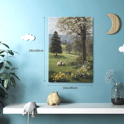 Country Sheep Canvas Wall Decor Farmhouse Rustic Lamb Wildflower Wall Art Nature Countryside Landscape Pictures Painting Print Framed Artwork Decorations for Bathroom Living Room Bedroom 16"x24"