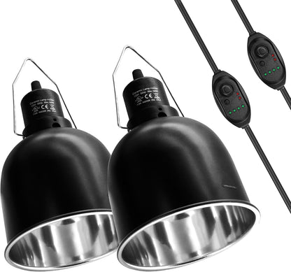 Reptile Light Fixture with Dimming Switch and Timer, 5.5 Inch Deep Dome Reptile Heat Lamp Fixture, Reptile Lamp Fixture Cap for UVB Bulb Basking Heat Bulb for Reptile Glass Terrariums, 2PCS