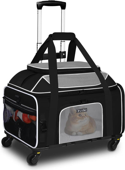 Petskd Top-Expandable Pet Carrier with Wheels 19x13x9 Inches Southwest Allegiant Airlines Approved, Soft-Sided Carrier for Small Dog Under 12 lbs and Large Cat Under 15 lbs(Black)