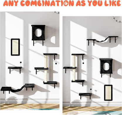 NUNU LAB Wall Mounted Cat Furniture, 5 Pcs Cat Wall Shelves with House, Bridge, Steps, Scratching Post, Shelves, Indoor Safe & Stable Furniture for Kittens Play, Black