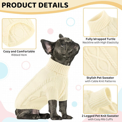 Queenmore Small Dog Pullover Sweater, Cold Weather Cable Knitwear, Classic Turtleneck Thick Warm Clothes for Chihuahua, Bulldog, Dachshund, Pug (White, Large)