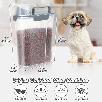Large Spout Pet Food Storage Container, 5-7LBS/6Qt/5L Meter Dispenser with Handle, Measuring Cup, Double Sealing Tape and 4 Safety Snaps to Seal Dog Food and Cat Food-Gray Blue
