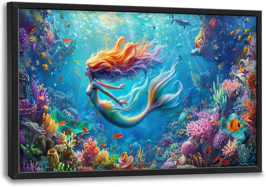 Quorin Mermaid Large Wall Art Sea Ocean Mermaid Pictures Colorful Undersea Wall Decor Canvas Print