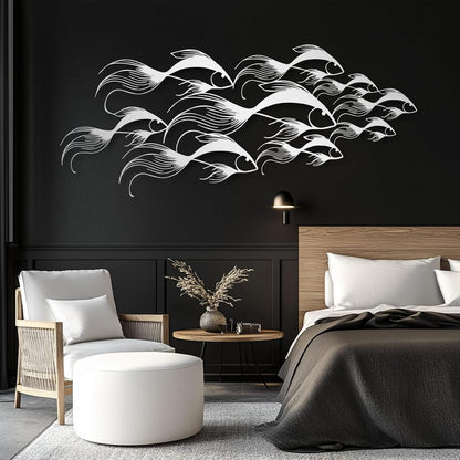 School of Fish Metal Wall Art, Metal Fish Wall Decor, Sea Life Wall Art, Large Nautical Wall Hanging, Modern Beach House Wall Decor, Ocean Themed Artwork for Bathroom (Black, 41"x18" | 105x45cm)