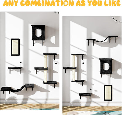 NUNU LAB Cat Wall Shelves, 10-in-1 Wall-Mounted Cat Furniture Set, Large Cat Climber Set with House, Bridge, Steps, Scratcher, DIY Playground, Shelves for Indoor Wall Furniture Set - Black