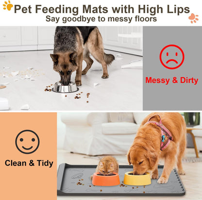 Dog Food Mat - Silicone Dog Mat for Food and Water - 28" x 20" Pet Feeding Mats with Residue Collection Pocket - Waterproof Dog Cat Bowl Mat with High Edges to Prevent Water Food Spills (Gray)