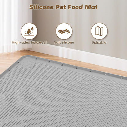 Cat Food Mat, 40" x 28" Extra Large Silicone Pet Feeding Mat with Raised Edge Pet Placemat for Food and Water Bowl Non-Slip, Easy to Clean, Floor Protection (Grey)