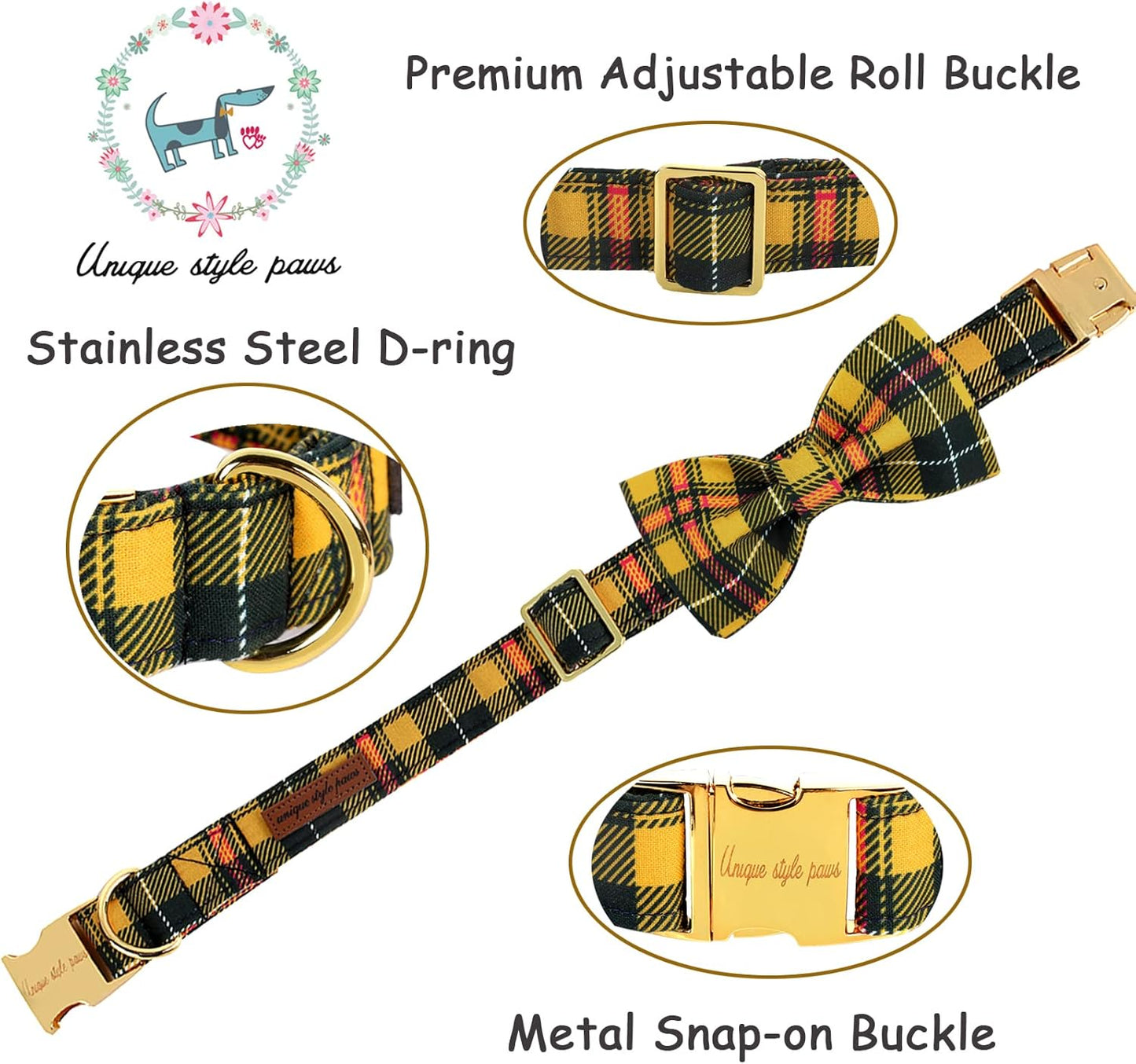 Unique style paws Bowtie Dog Collar Cotton Plaid Collar Adjustable Puppy Collar for Small Medium Large Dogs-S