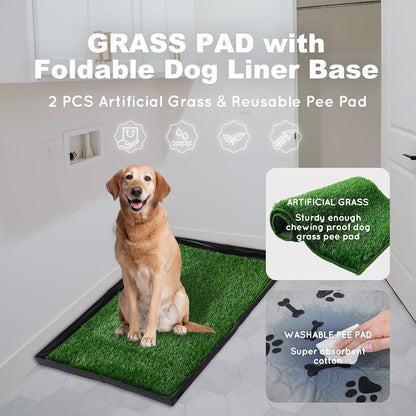 Dog Grass Pad with Foldable Dog Litter Box,Large Liner Base for Balcony，Ultra-Absorbent Artificial Grass Pads for Dogs Pee Pad Holder, Potty Training, 2 PCS Reusable Pee Pad