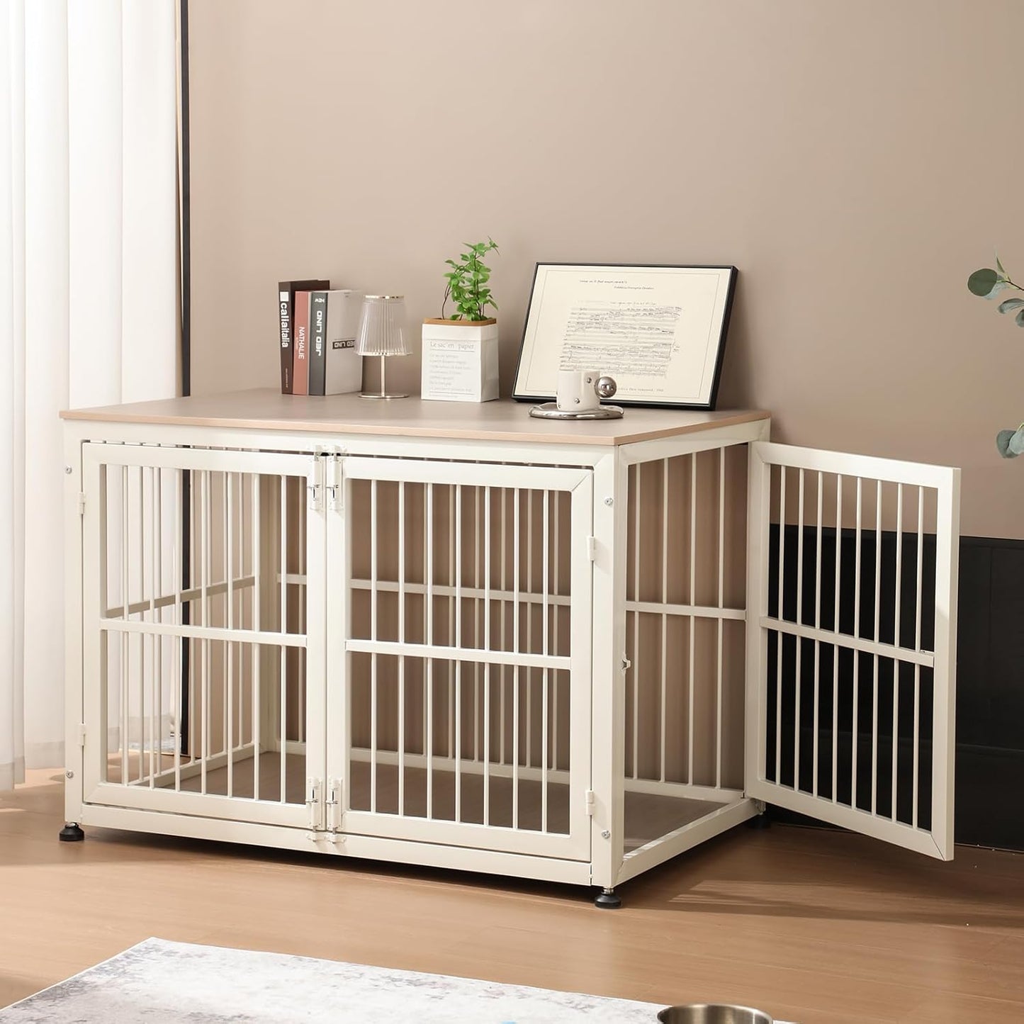 48" Rustic Heavy Duty Dog Crate Furniture for Extra Large Dogs, Decorative Pet House End Table, Wooden Cage Kennel Furniture Indoor, Double-Doors Sturdy Dog Cage