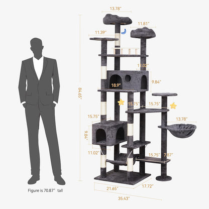 85in Giant Cat Tree for Heavy Duty Big Cats, Large Cat Trees with Scratching Post, Cat Tree Tower with Cat Condos, Hammock & Plush Perch for Maine Coon, Smoky Gray