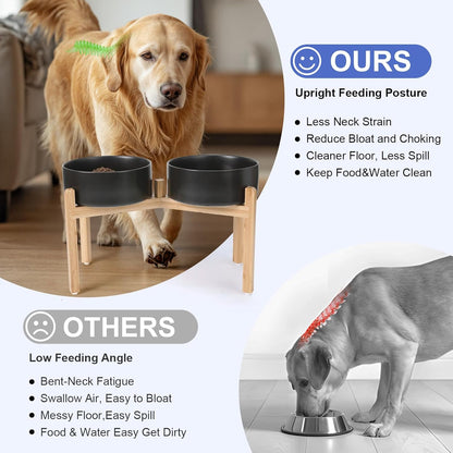 SPUNKYJUNKY Elevated Dog Bowls Ceramic, 8.3'' Dogs Food Water Bowls Raised with Non-Slip Bamboo Stand for Large Sized Breed Microwave Dishwasher Safe - 60 OZ,Black