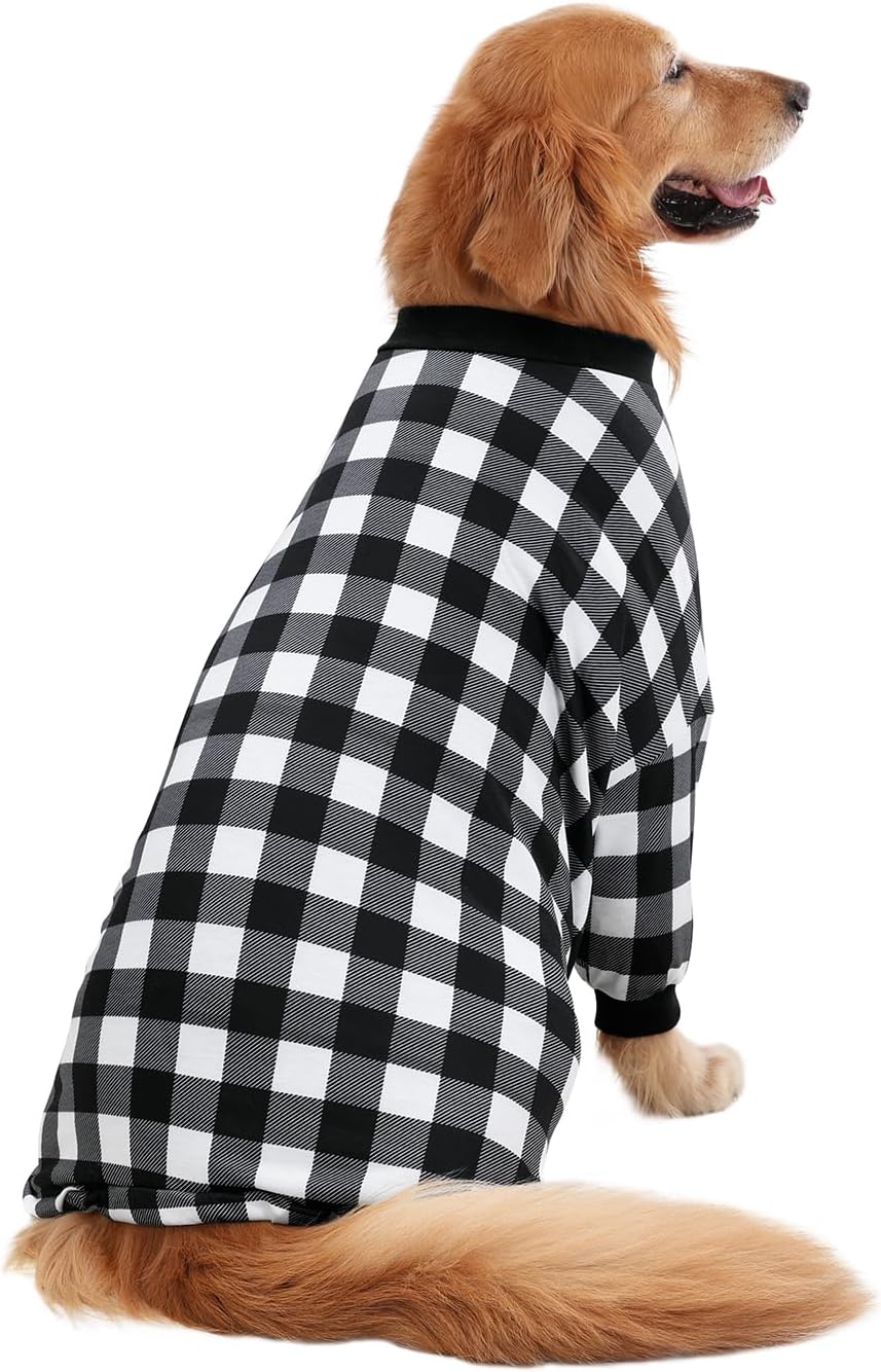 HDE Dog Pajamas One Piece Jammies Jumpsuit Pet Clothes Outfit Stretchy Lightweight Comfy Shirt Pjs for M-3XL Dogs Black & White Buffalo Plaid - L