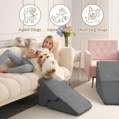 EHEYCIGA Curved Foldable Dog Stairs Ramp for High Beds 19.7" H, 4-Step Dog Steps for Small Dogs and Cats, Pet Stairs for High Bed Climbing, Non-Slip Balanced Pet Step Indoor, Grey