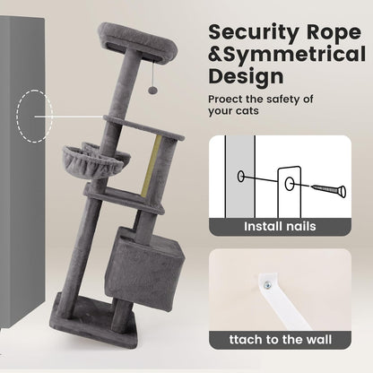 Gardner Pet 65in Heavy Duty Cat Tree Tower for Large Cats, Multi-Level Cat Furniture with Replaceable Sisal Scratching Post, Hammock | Extra-Large Platform & Condo (Grey)