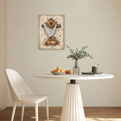 Christian Fall Wall Art Autumn Rustic Cross Sunflower Pumpkin Wall Decor Fall for Jesus He Never Leaves Pictures Painting Print Framed Artwork Decorations Gifts for Living Room Bedroom Prayer Room Office 12"x16"