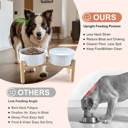 SPUNKYJUNKY Elevated Dog Bowls Ceramic, 7.3'' Dogs Food Water Bowls Raised with Non-Slip Bamboo Stand for Medium to Large Sized Breed Microwave Dishwasher Safe - 42 OZ,Paw White